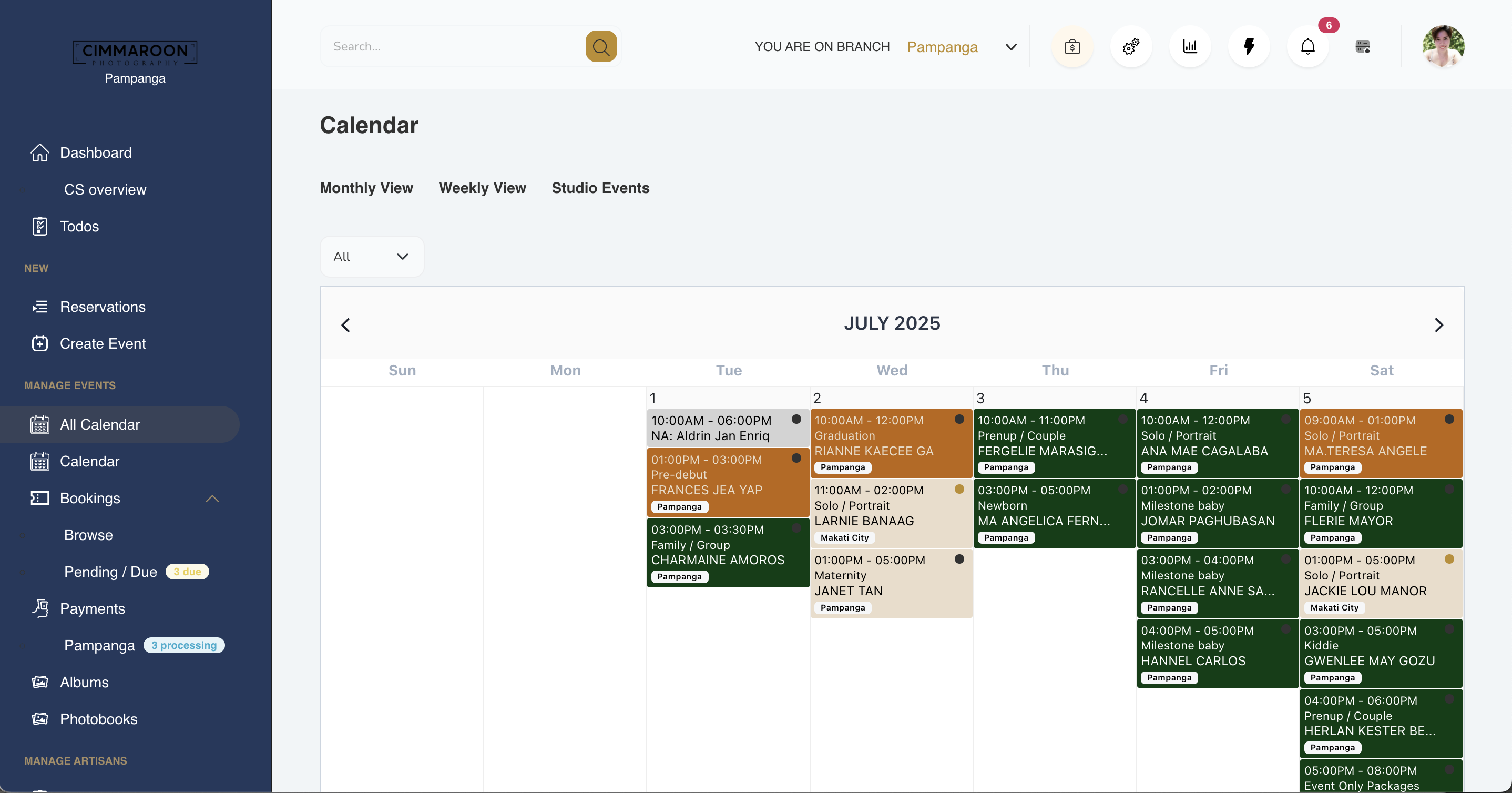 Simplifi Studio production calendar showing a month of bookings colour-coded by branch and service